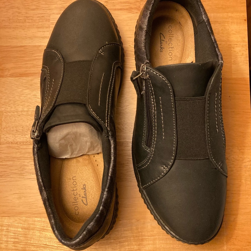 CLARKS Carolyn Cove Leather Slip On Shoes Womens Black Size 9.5 Medium